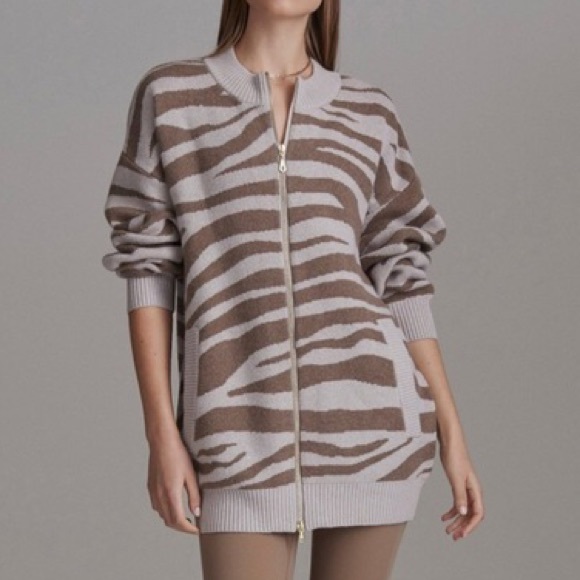 Varley Anthro Mayberry Zip wool blend longline cardigan in cobweb doe zebra sz S - Picture 2 of 15